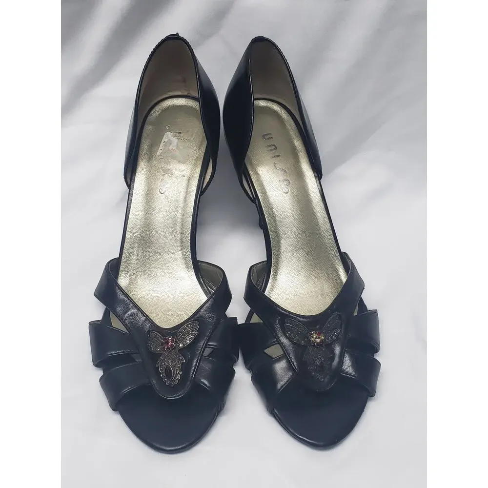 Unisa Black Open Toe Beaded Design High Heels | Women's Shoe Size 8
